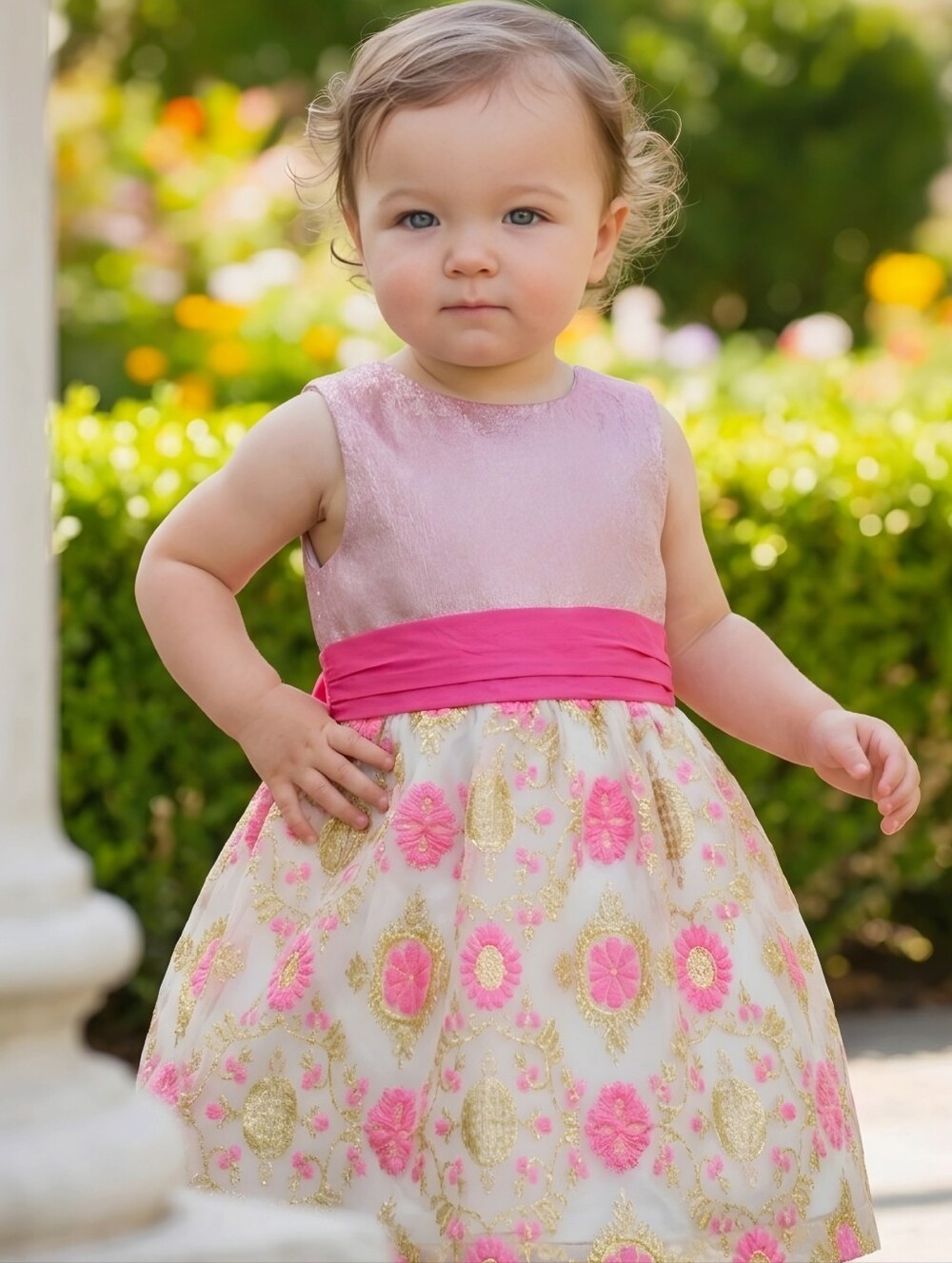 Truly Scrumptious Girls Pink Gold Floral Shimmer Bow Back Party Dress NWT 24M